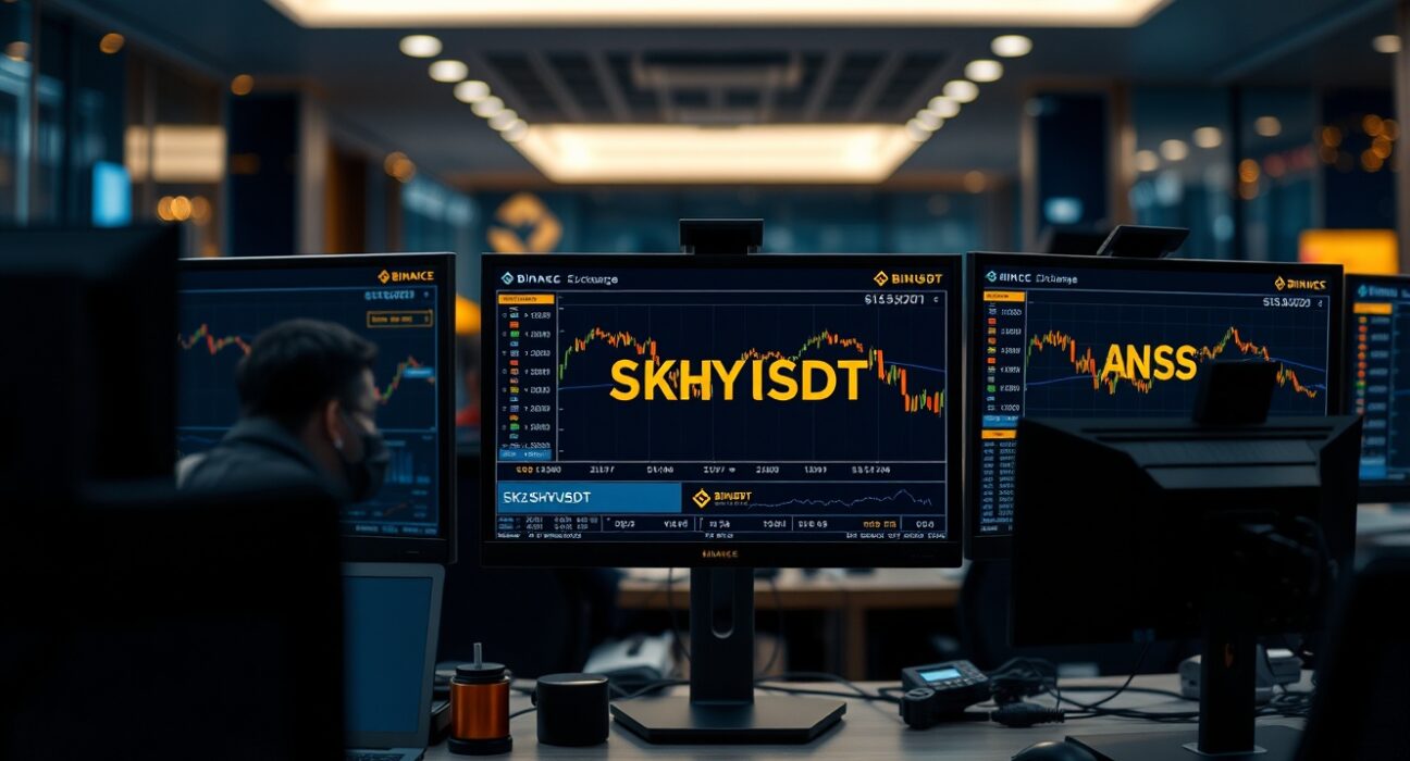 Trading monitors displaying Binance exchange interface with SKHYUSDT perpetual futures pair