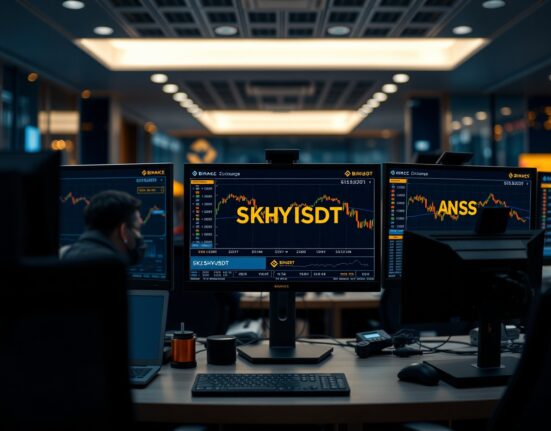 Trading monitors displaying Binance exchange interface with SKHYUSDT perpetual futures pair