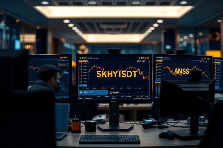 Trading monitors displaying Binance exchange interface with SKHYUSDT perpetual futures pair