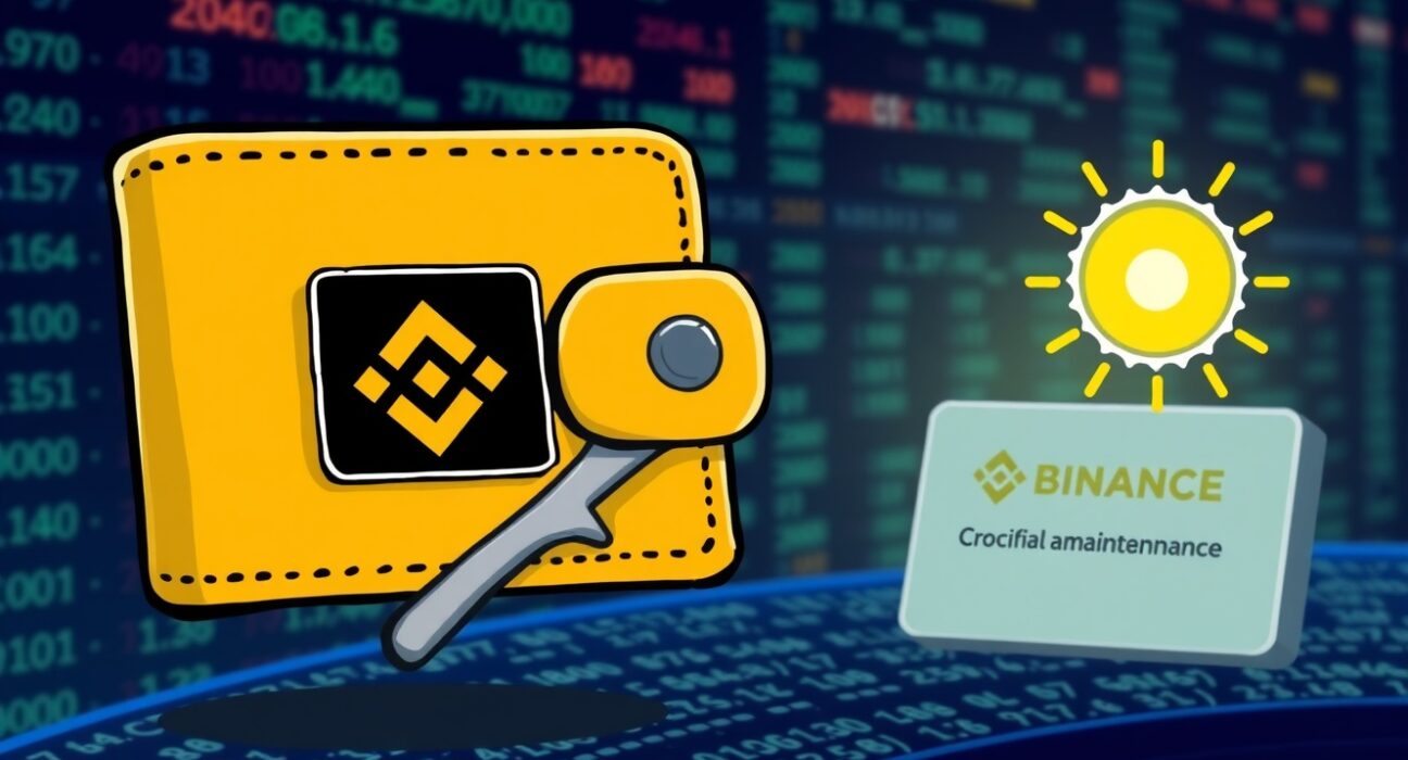 Cartoon illustration of a digital wallet undergoing maintenance, symbolizing the Binance Solana suspension for network improvements.