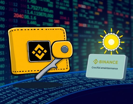 Cartoon illustration of a digital wallet undergoing maintenance, symbolizing the Binance Solana suspension for network improvements.