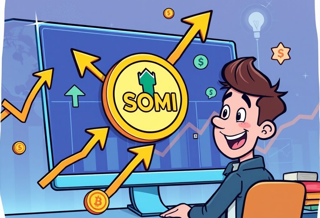 Cartoon illustration of a trader celebrating the launch of SOMI/USDT perpetual contract pre-market trading on Binance Futures, symbolizing early access opportunities.