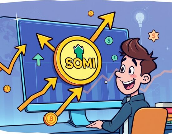 Cartoon illustration of a trader celebrating the launch of SOMI/USDT perpetual contract pre-market trading on Binance Futures, symbolizing early access opportunities.