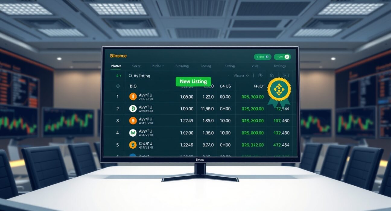 Binance spot trading pairs listing announcement with AVNT U and BIO U tokens on a digital screen