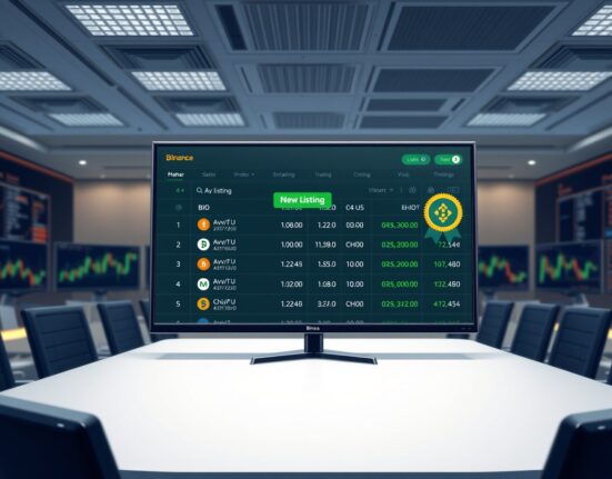 Binance spot trading pairs listing announcement with AVNT U and BIO U tokens on a digital screen