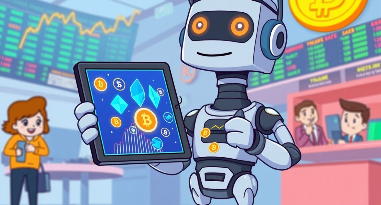 A vibrant cartoon illustration of a digital exchange listing new Binance spot trading pairs for Bitcoin and DYM.