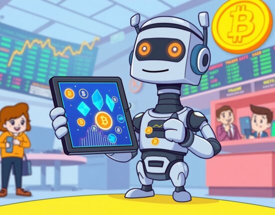 A vibrant cartoon illustration of a digital exchange listing new Binance spot trading pairs for Bitcoin and DYM.