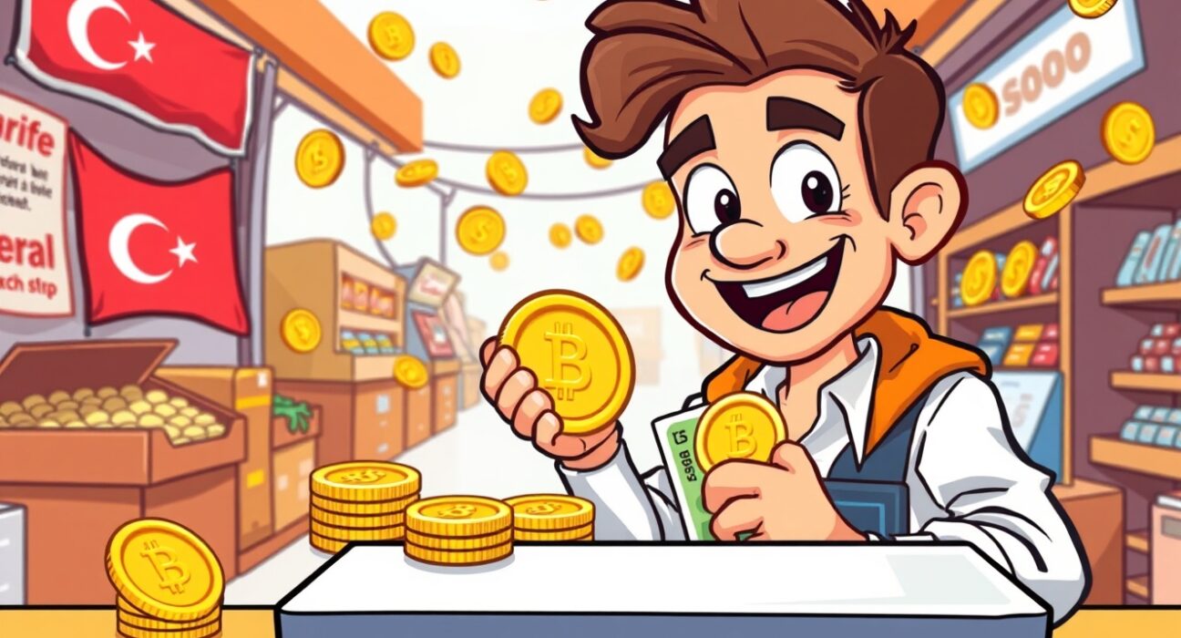 Binance spot trading expansion with Turkish lira cryptocurrency pairs in vibrant cartoon illustration