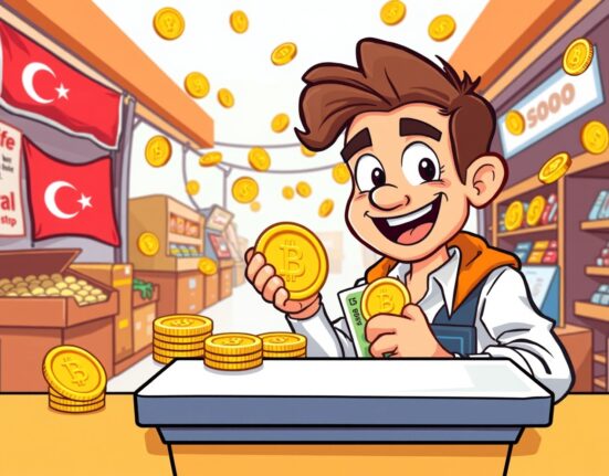 Binance spot trading expansion with Turkish lira cryptocurrency pairs in vibrant cartoon illustration