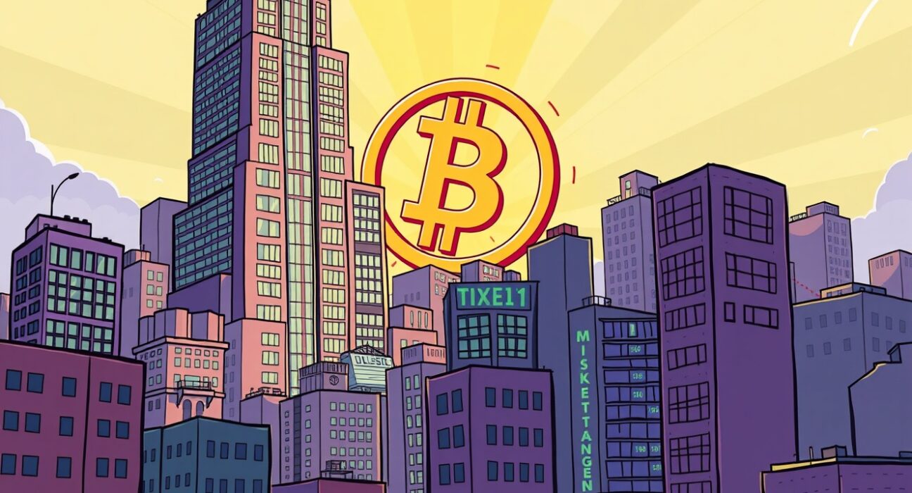 A cartoon illustration showing Binance spot volume dominance leading to a potential Bitcoin rally, highlighting market strength.