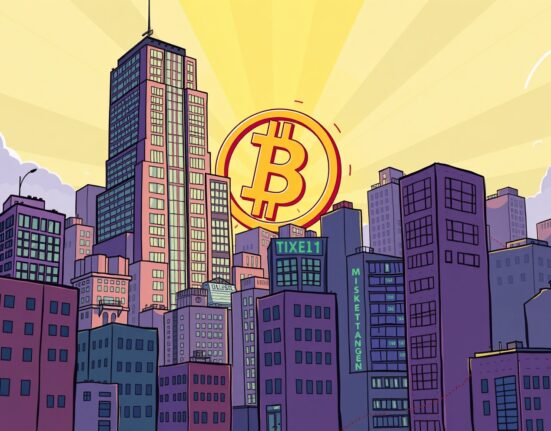 A cartoon illustration showing Binance spot volume dominance leading to a potential Bitcoin rally, highlighting market strength.