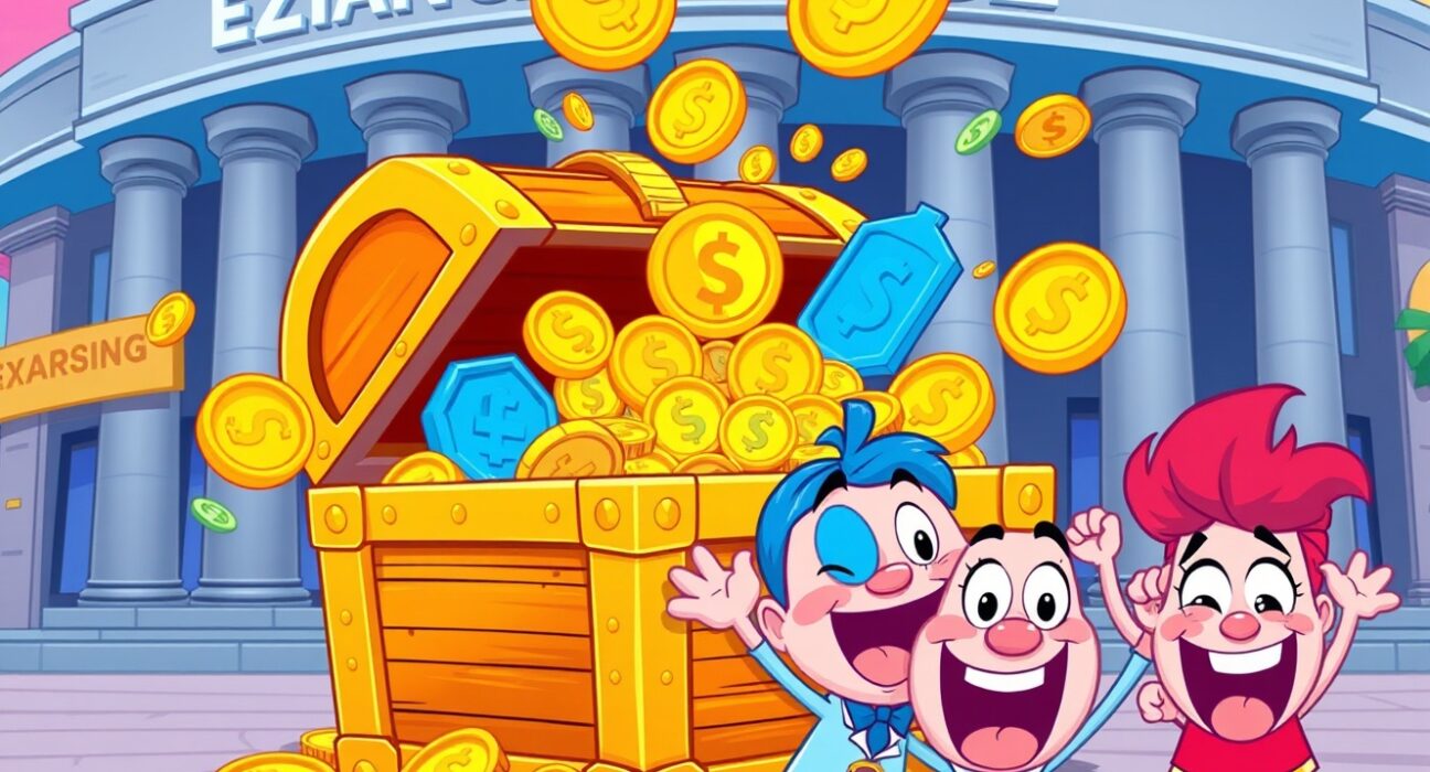 Growing Binance stablecoin balance shown as overflowing digital treasure with excited traders