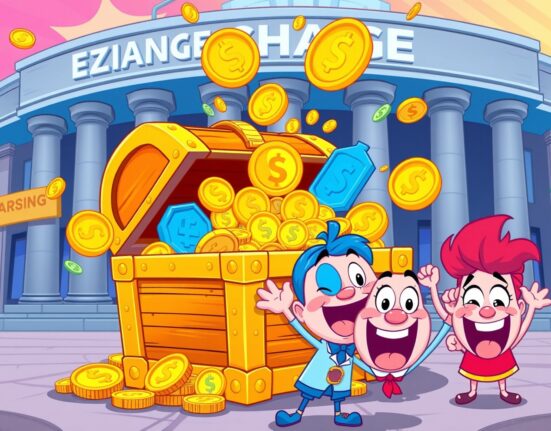 Growing Binance stablecoin balance shown as overflowing digital treasure with excited traders