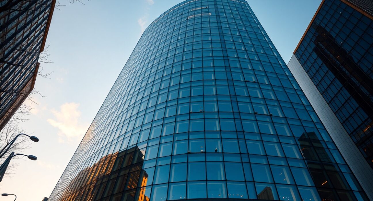Modern cryptocurrency exchange headquarters building exterior at golden hour, representing Binance's market dominance in stablecoin deposits.