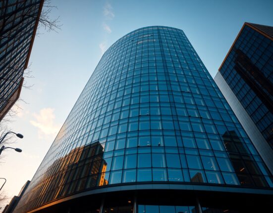 Modern cryptocurrency exchange headquarters building exterior at golden hour, representing Binance's market dominance in stablecoin deposits.