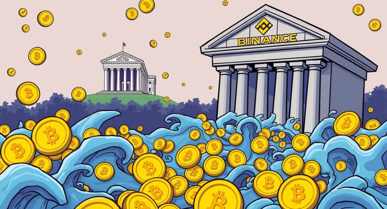 A cartoon illustration showing a large Binance stablecoin inflow, signaling market anticipation before the Fed's rate decision.