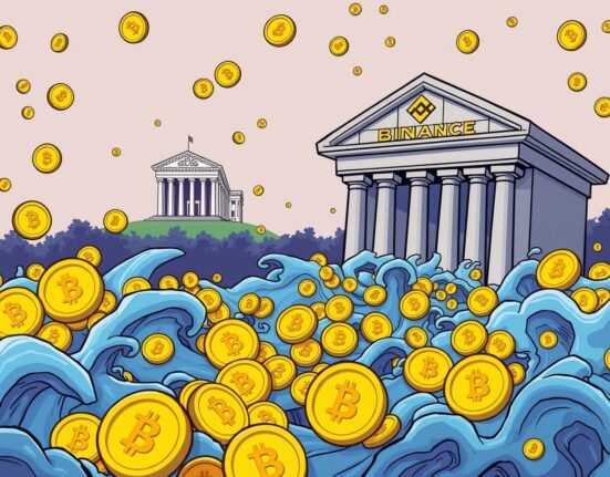 A cartoon illustration showing a large Binance stablecoin inflow, signaling market anticipation before the Fed's rate decision.