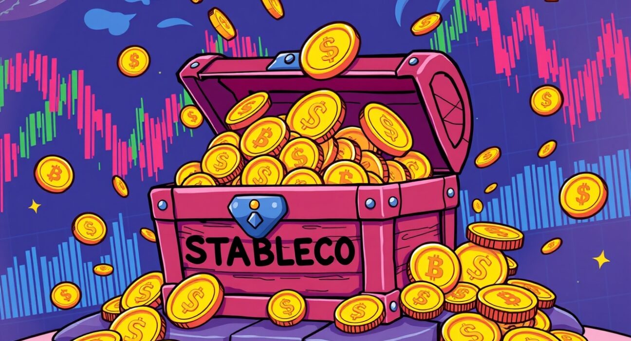 Binance stablecoin reserves depicted as overflowing treasure in a vibrant crypto market scene