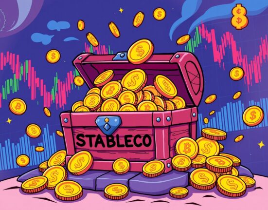 Binance stablecoin reserves depicted as overflowing treasure in a vibrant crypto market scene