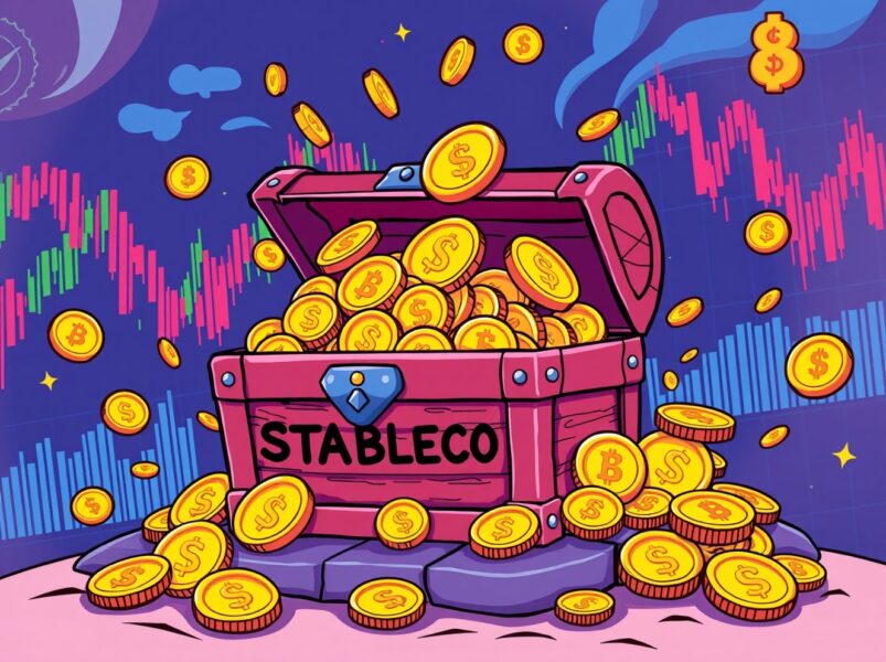 Binance stablecoin reserves depicted as overflowing treasure in a vibrant crypto market scene