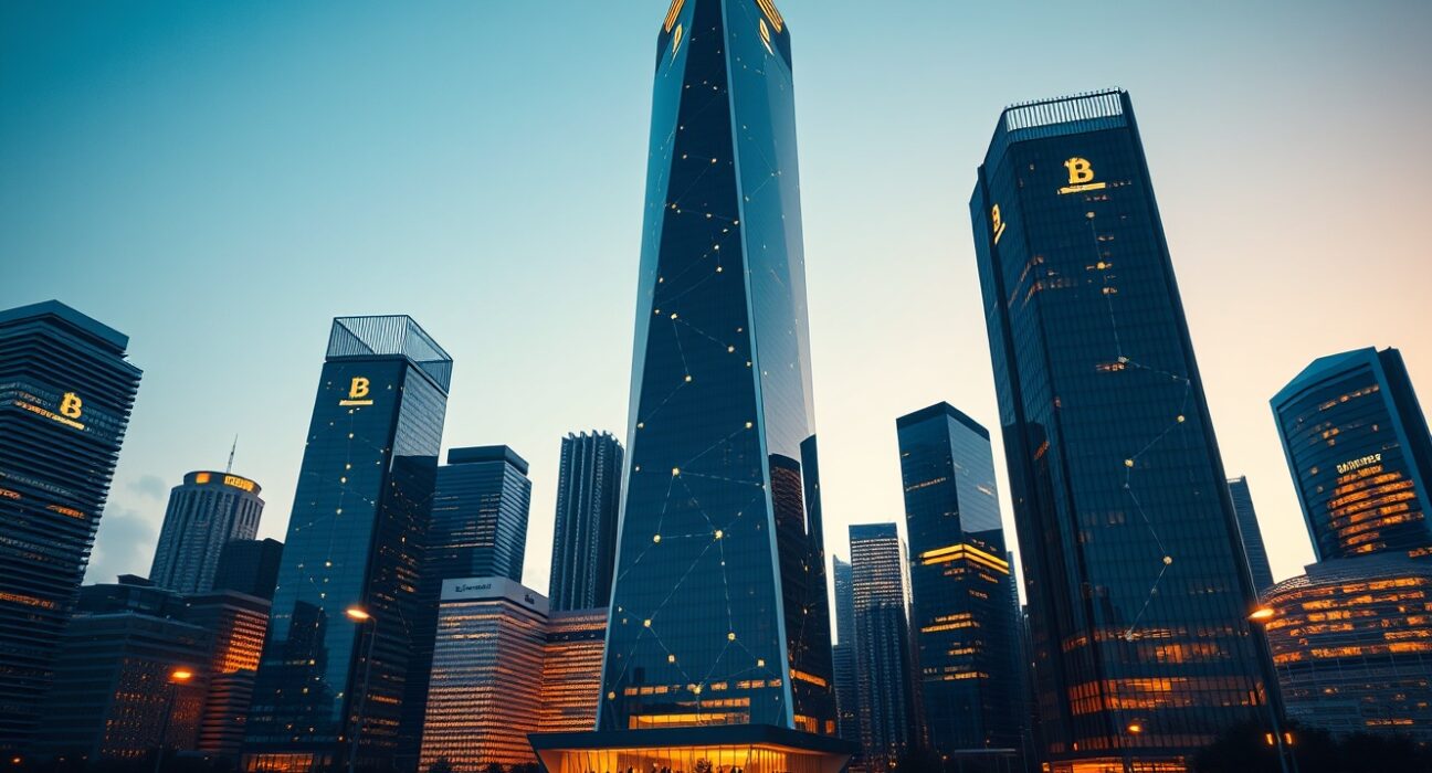 Modern city skyline with digital currency symbols representing crypto growth
