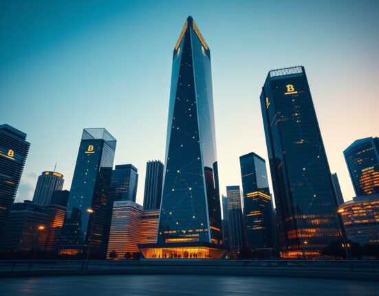 Modern city skyline with digital currency symbols representing crypto growth