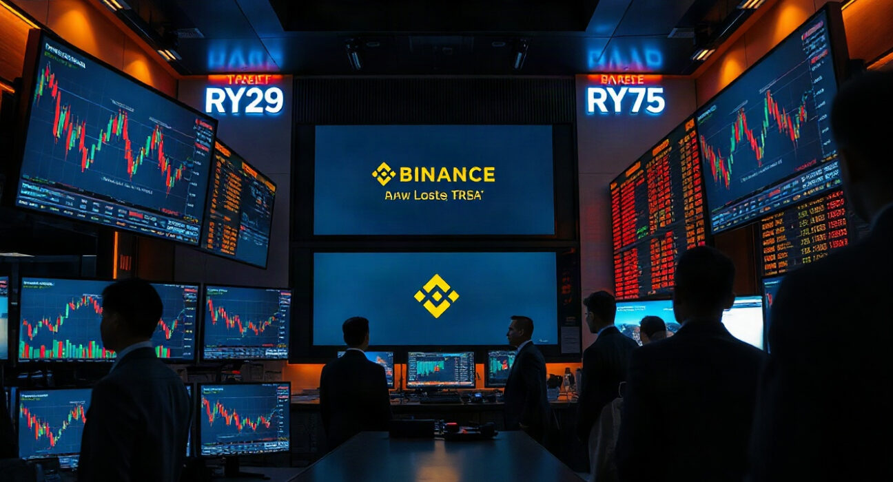 Traders monitoring stock and crypto futures charts on large screens in a modern trading floor