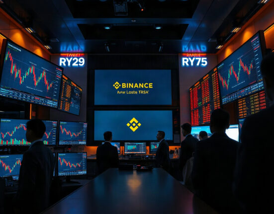 Traders monitoring stock and crypto futures charts on large screens in a modern trading floor
