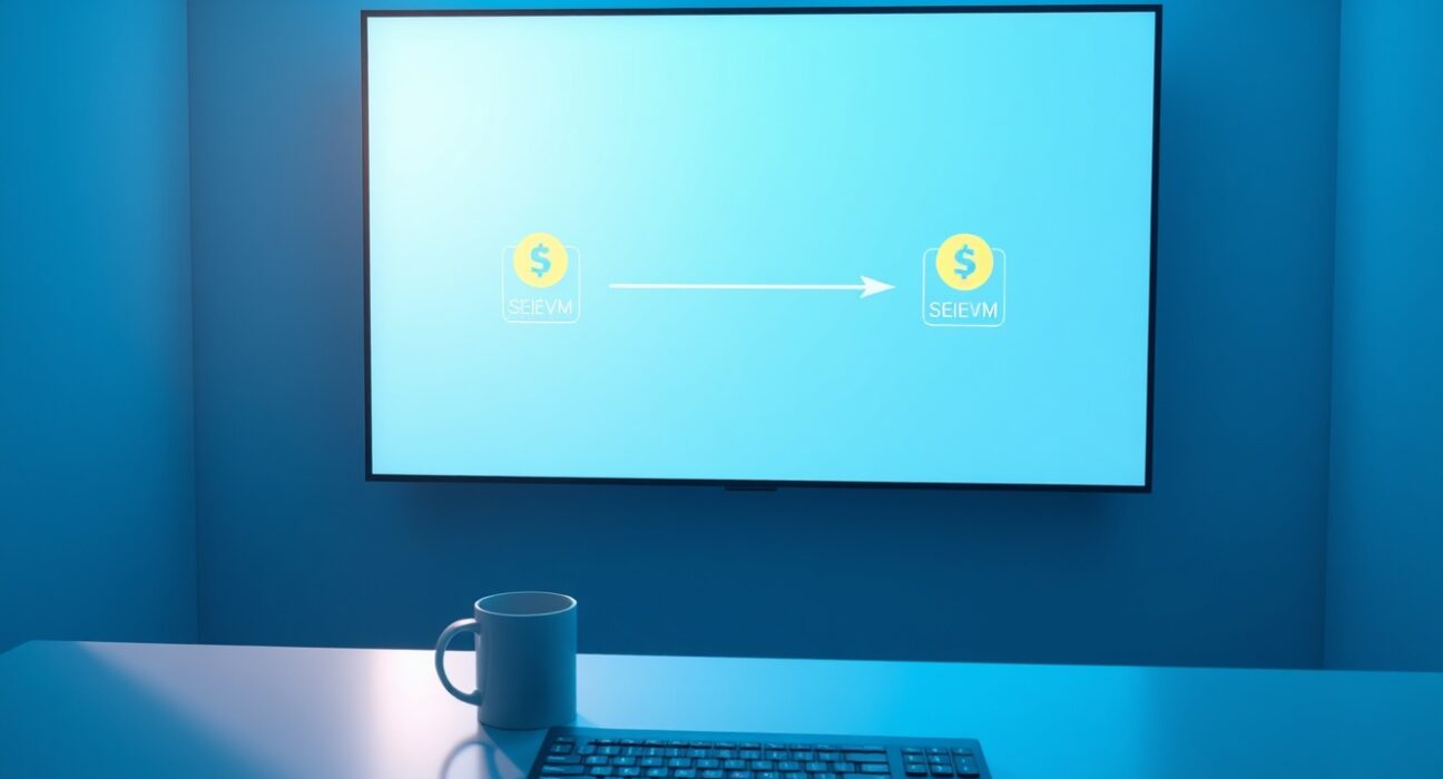 Binance exchange control room with a digital screen displaying a Sei to SEIEVM blockchain migration diagram