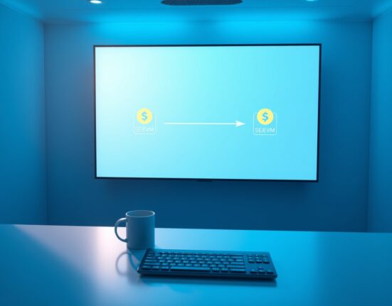 Binance exchange control room with a digital screen displaying a Sei to SEIEVM blockchain migration diagram