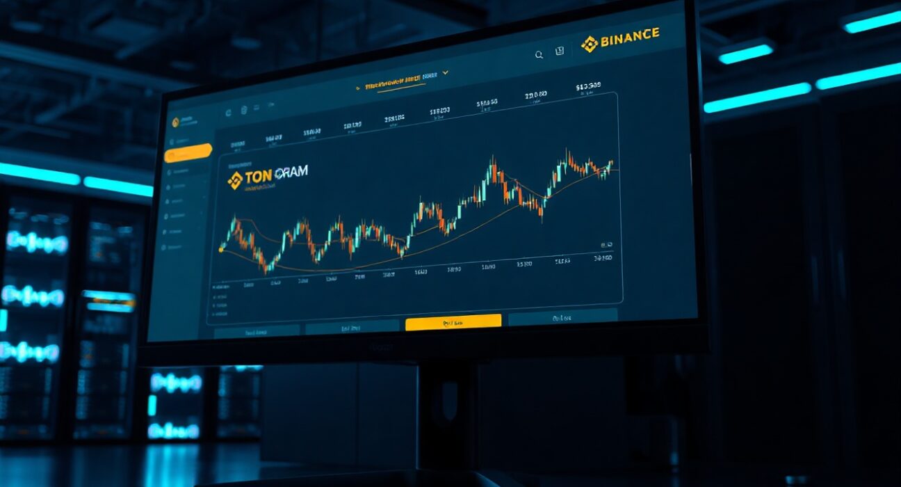 Binance trading interface showing TON to GRAM token transition on a monitor in a dark tech office