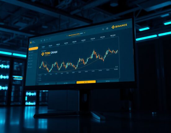 Binance trading interface showing TON to GRAM token transition on a monitor in a dark tech office