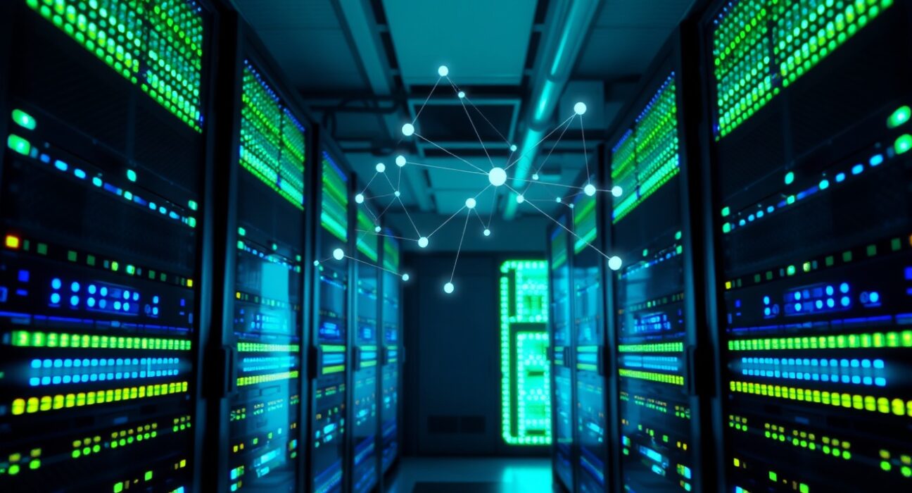 Data center servers representing blockchain network infrastructure for Base network upgrade