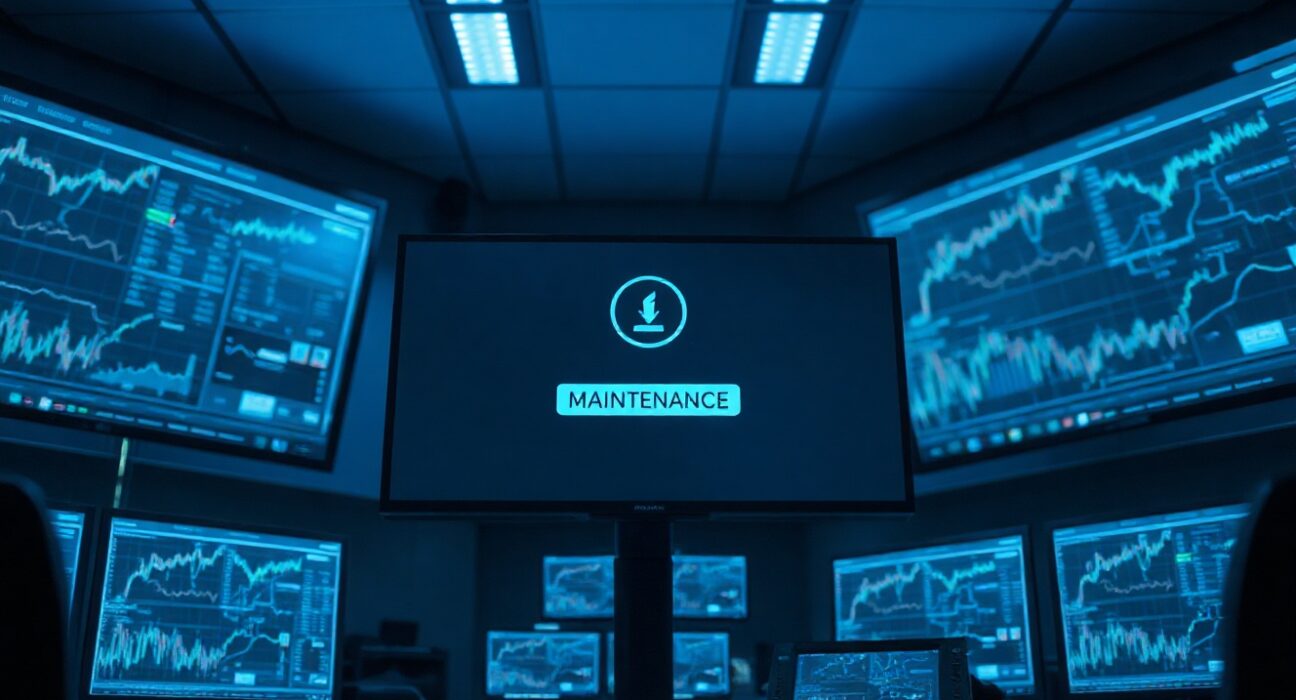 Binance wallet maintenance notification on a monitor in a crypto exchange operations center