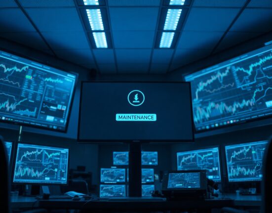 Binance wallet maintenance notification on a monitor in a crypto exchange operations center