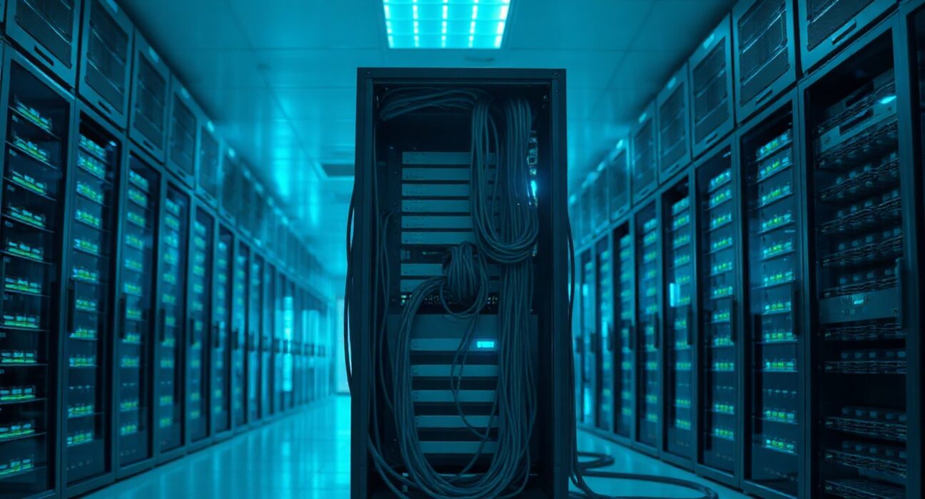 Data center with server racks during a system upgrade for Binance stock trading service