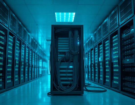 Data center with server racks during a system upgrade for Binance stock trading service