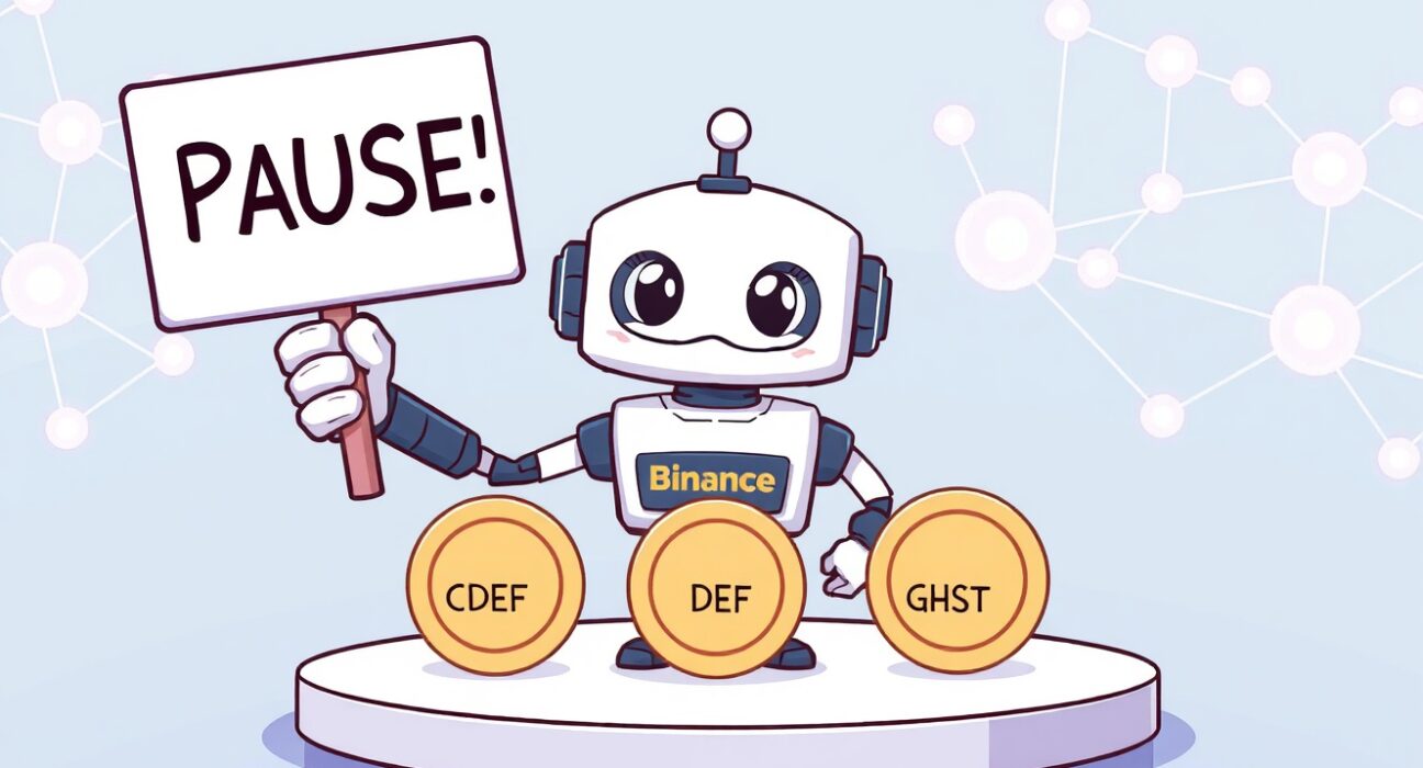 A cartoon Binance robot pausing transactions for CHESS, DF, and GHST tokens due to network delays.