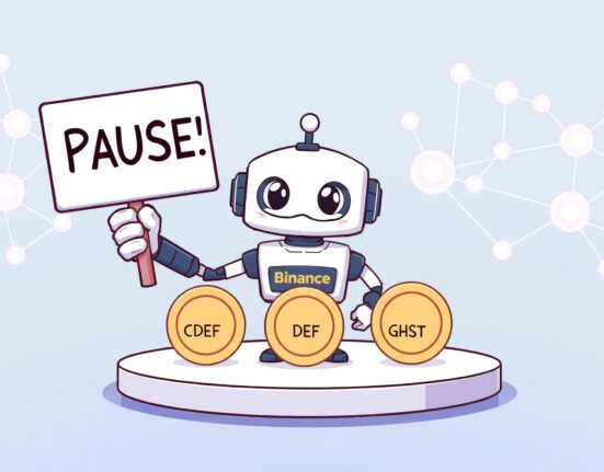 A cartoon Binance robot pausing transactions for CHESS, DF, and GHST tokens due to network delays.