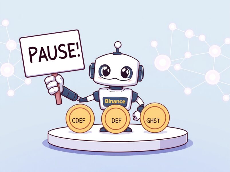 A cartoon Binance robot pausing transactions for CHESS, DF, and GHST tokens due to network delays.