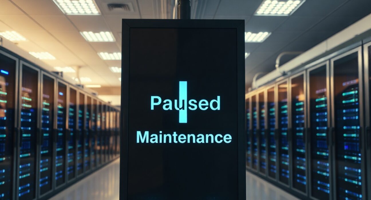 Server room display showing maintenance pause over Injective INJ logo