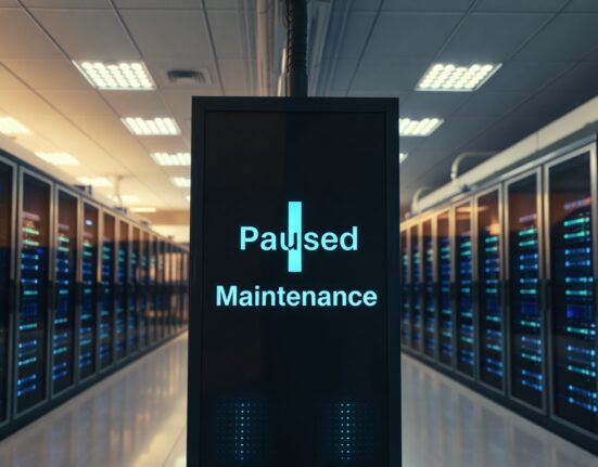 Server room display showing maintenance pause over Injective INJ logo
