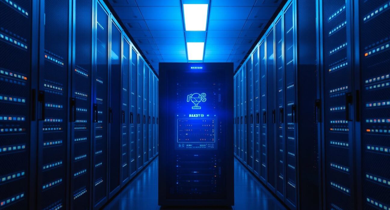 Data center server room with blue lights representing a blockchain network upgrade.