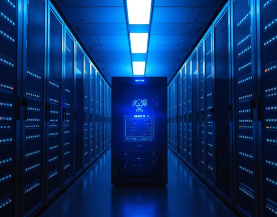 Data center server room with blue lights representing a blockchain network upgrade.