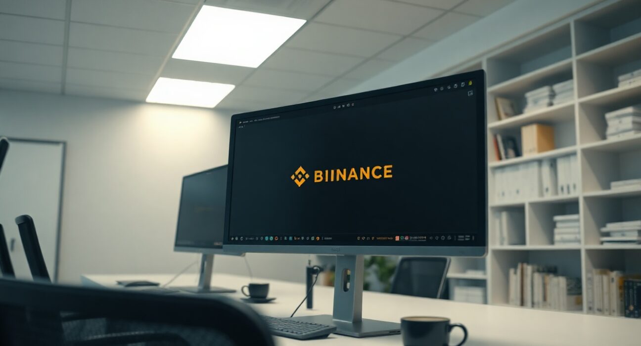 Binance trading interface on a monitor with a system upgrade notification