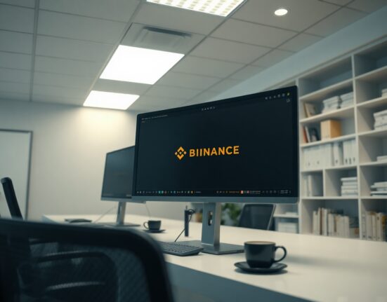 Binance trading interface on a monitor with a system upgrade notification