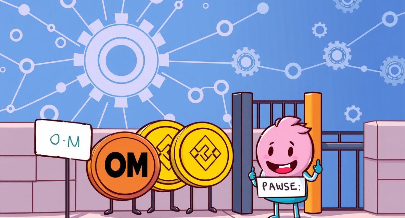 Illustration showing the temporary Binance suspension of OM and ENJ deposits and withdrawals for crucial network upgrades.