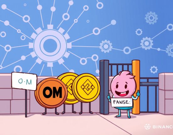 Illustration showing the temporary Binance suspension of OM and ENJ deposits and withdrawals for crucial network upgrades.