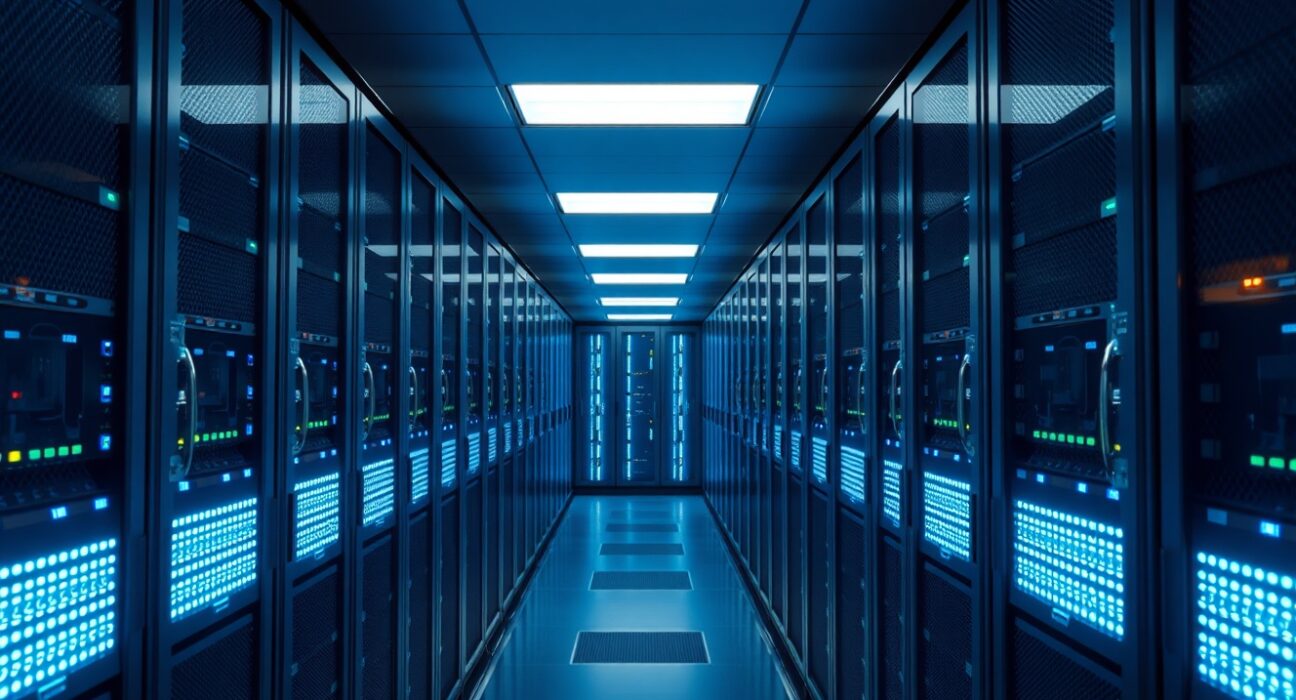Illuminated data servers in a modern server room representing scheduled system maintenance.