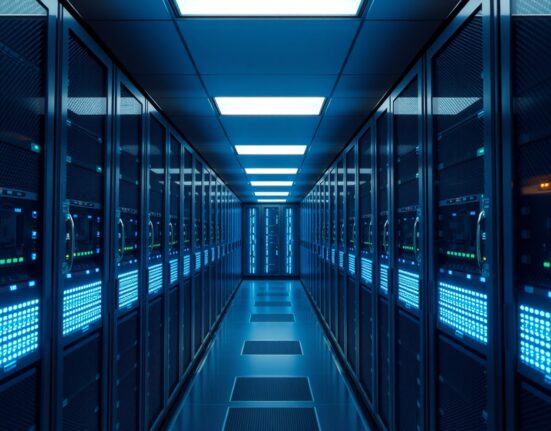 Illuminated data servers in a modern server room representing scheduled system maintenance.